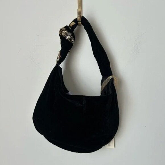 Made in India Velvet Beaded Sequin Rhinestone Bag Black Gold Knot Tik Tok - Picture 2 of 3